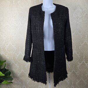 Vertigo Paris Sz XS Black Tweed Coat Hook Eye Front Closure Pockets Fringe Trim